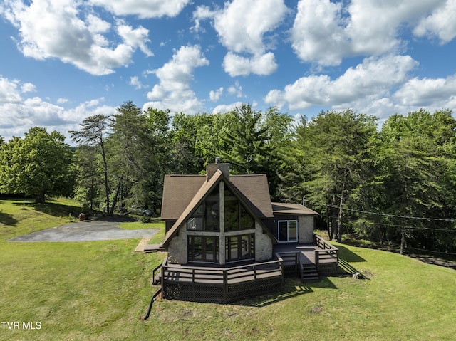 505 Duel Ln, Jonesborough, TN 37659 - rear view of property featuring a deck, french doors, a lawn, and stone siding