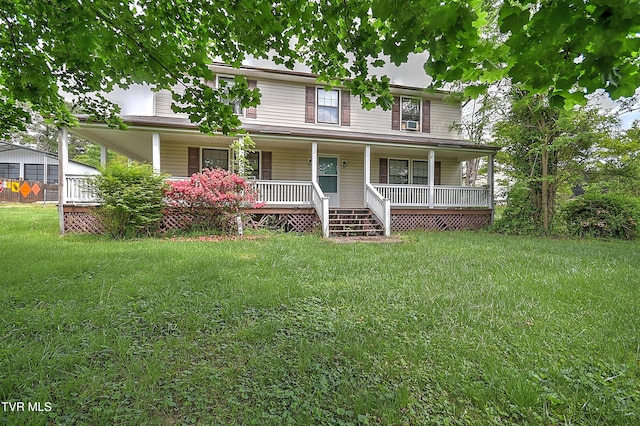 view of front of house featuring covered porch and a front yard