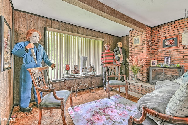 3851 Helen Henderson Hwy, Davenport, VA 24239 - sitting room featuring carpet floors, wooden walls, and beamed ceiling