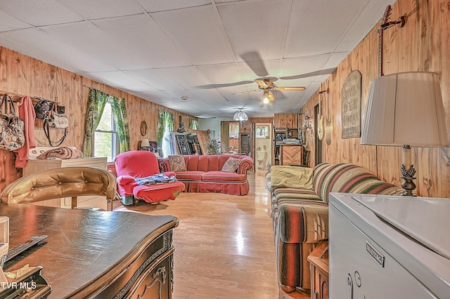 3851 Helen Henderson Hwy, Davenport, VA 24239 - living room featuring a ceiling fan, wood walls, and wood finished floors