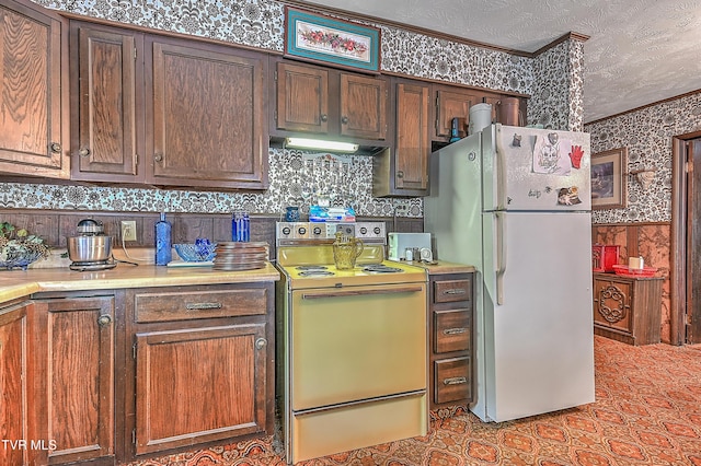 3851 Helen Henderson Hwy, Davenport, VA 24239 - kitchen with crown molding, white appliances, wallpapered walls, light countertops, and under cabinet range hood