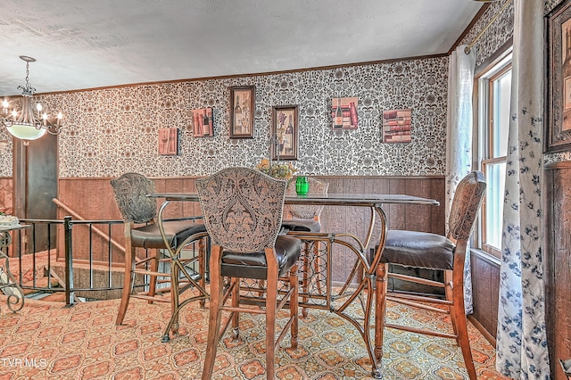 3851 Helen Henderson Hwy, Davenport, VA 24239 - dining room featuring an inviting chandelier, a wainscoted wall, ornamental molding, and a textured ceiling