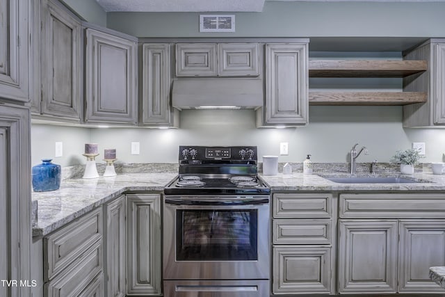 200 E Main St Unit 201, Johnson City, TN 37604 - kitchen featuring stainless steel electric range, open shelves, extractor fan, and light stone countertops