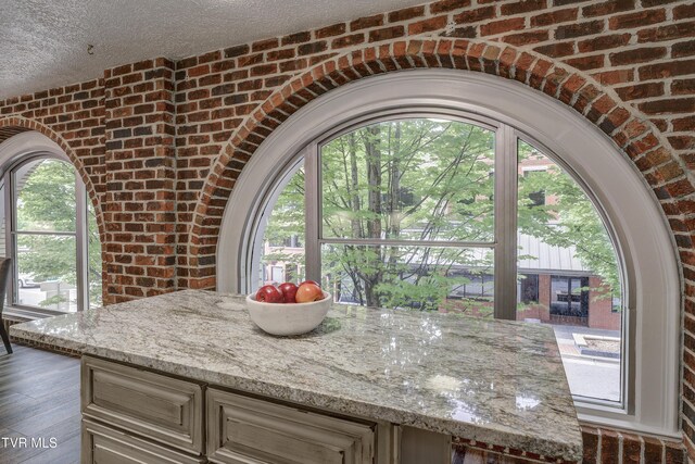 200 E Main St Unit 201, Johnson City, TN 37604 - kitchen with brick wall, light stone counters, plenty of natural light, a textured ceiling, and dark wood-style flooring