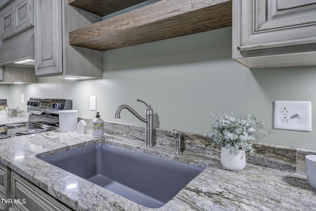 200 E Main St Unit 201, Johnson City, TN 37604 - kitchen featuring black electric range oven, light stone countertops, and gray cabinets