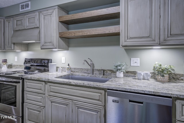 200 E Main St Unit 201, Johnson City, TN 37604 - kitchen with dishwasher, electric range oven, open shelves, under cabinet range hood, and light stone counters