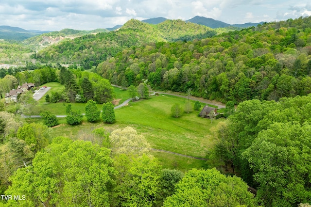 birds eye view of property with a wooded view and a mountain view