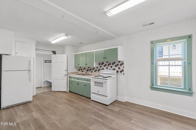 1607 E Millard St, Johnson City, TN 37601 - kitchen with decorative backsplash, visible vents, green cabinets, light wood finished floors, and white appliances
