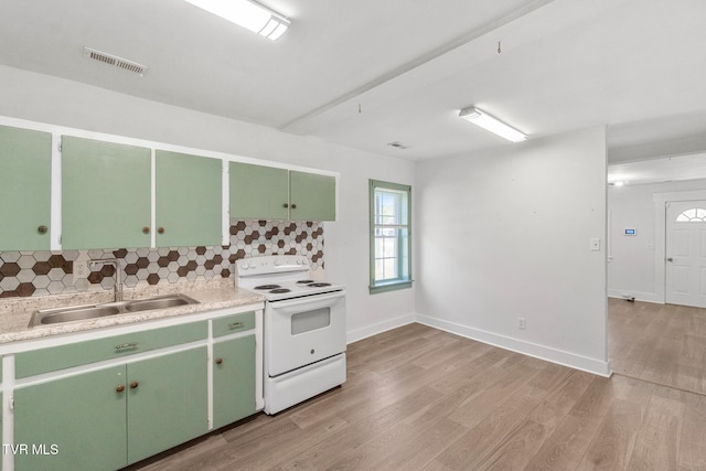 1607 E Millard St, Johnson City, TN 37601 - kitchen with light countertops, white range with electric stovetop, tasteful backsplash, a sink, and light wood-style flooring