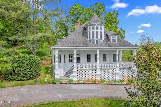 243 NW Mason Pl, Abingdon, VA 24210 - view of front of home with a porch, a shingled roof, stairs, and a chimney