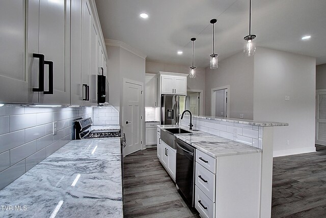 kitchen featuring stainless steel appliances, recessed lighting, dark wood-style floors, and an island with sink