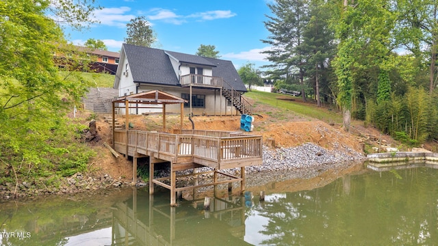 3749 Hemlock Park Cir, Kingsport, TN 37663 - back of property with stairs, a shingled roof, a deck with water view, and a gazebo