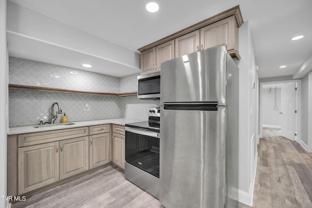 3749 Hemlock Park Cir, Kingsport, TN 37663 - kitchen with decorative backsplash, open shelves, a sink, light wood-style floors, and stainless steel appliances