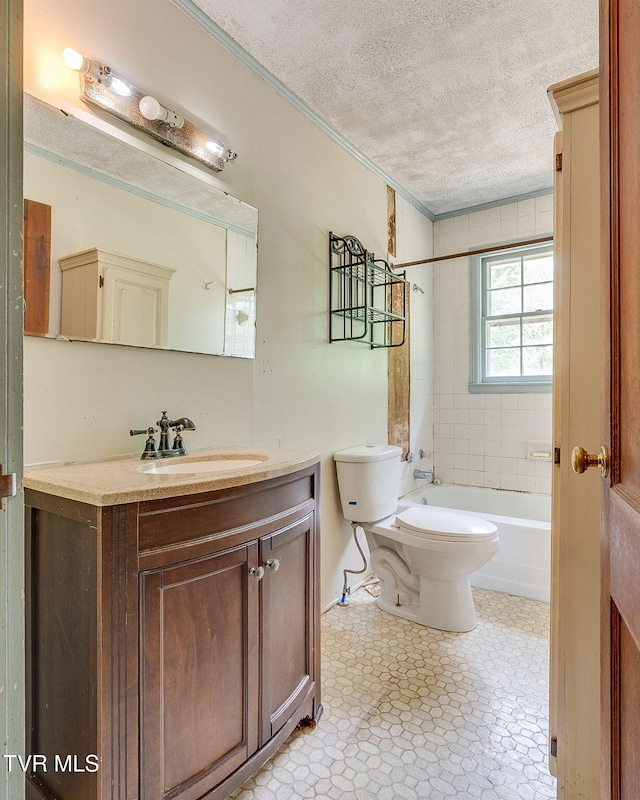 357 Webb Rd, Piney Flats, TN 37686 - bathroom with crown molding, vanity, toilet, shower / tub combination, and a textured ceiling