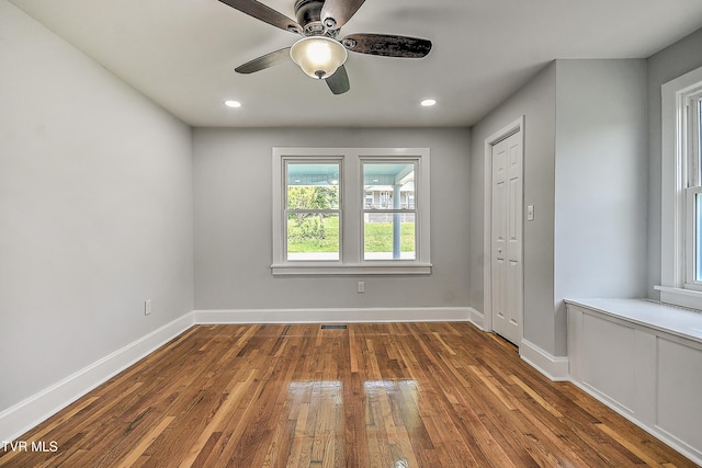 350 Texas Ave, Bristol, VA 24201 - empty room with wood-type flooring, visible vents, baseboards, recessed lighting, and a ceiling fan