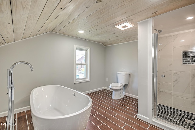 350 Texas Ave, Bristol, VA 24201 - full bathroom featuring a freestanding bath, wood ceiling, wood tiled floor, and a shower stall