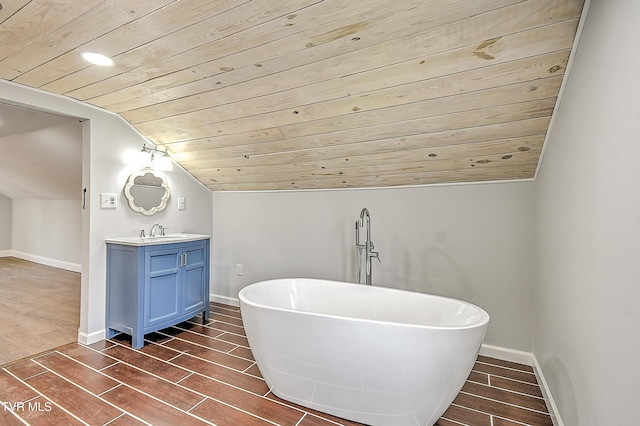350 Texas Ave, Bristol, VA 24201 - bathroom featuring vanity, wood finish floors, vaulted ceiling, and wooden ceiling