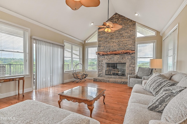 260 Dominique Ln, Greeneville, TN 37743 - living room featuring ceiling fan, a stone fireplace, wood finished floors, high vaulted ceiling, and ornamental molding