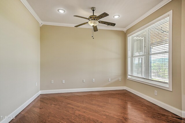 260 Dominique Ln, Greeneville, TN 37743 - unfurnished room featuring baseboards, ornamental molding, a ceiling fan, and dark wood-style floors