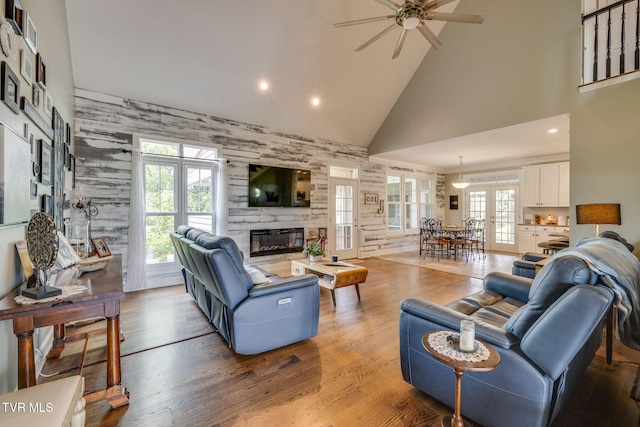 145 Grande Harbor Way, Blountville, TN 37617 - living area with high vaulted ceiling, ceiling fan, a fireplace, recessed lighting, and wood finished floors