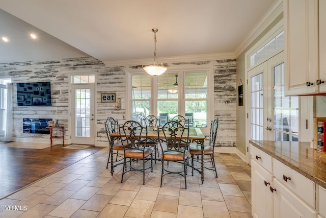 145 Grande Harbor Way, Blountville, TN 37617 - dining area featuring french doors, a glass covered fireplace, crown molding, and baseboards