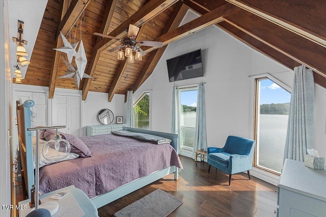 196 Furches Dr, Gray, TN 37615 - bedroom featuring wooden ceiling with exposed beams, wood finished floors, high vaulted ceiling, and a ceiling fan