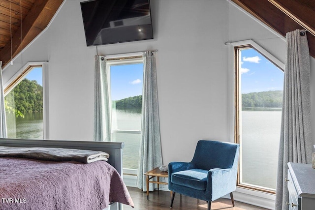 196 Furches Dr, Gray, TN 37615 - bedroom with vaulted ceiling, wood finished floors, multiple windows, and a water view