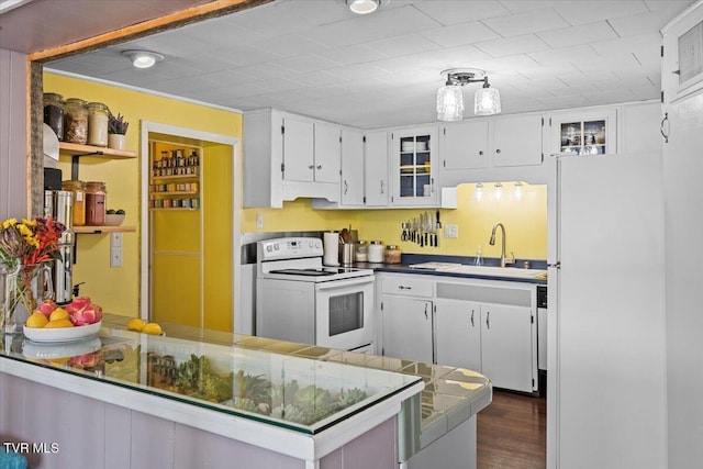 196 Furches Dr, Gray, TN 37615 - kitchen featuring white appliances, a sink, white cabinetry, glass insert cabinets, and under cabinet range hood
