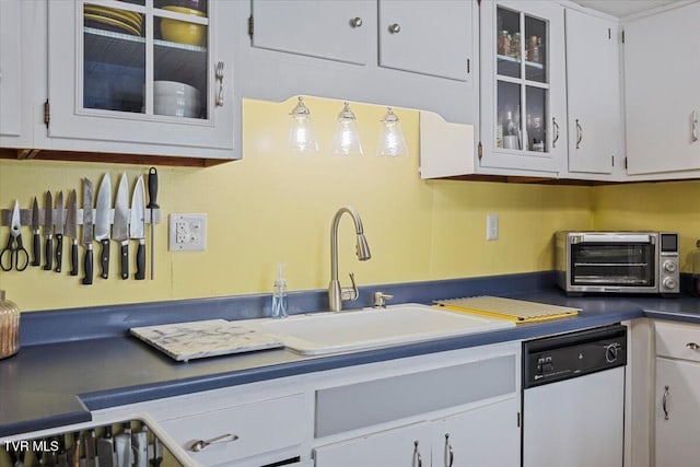196 Furches Dr, Gray, TN 37615 - kitchen featuring dishwasher, a sink, white cabinets, glass insert cabinets, and dark countertops