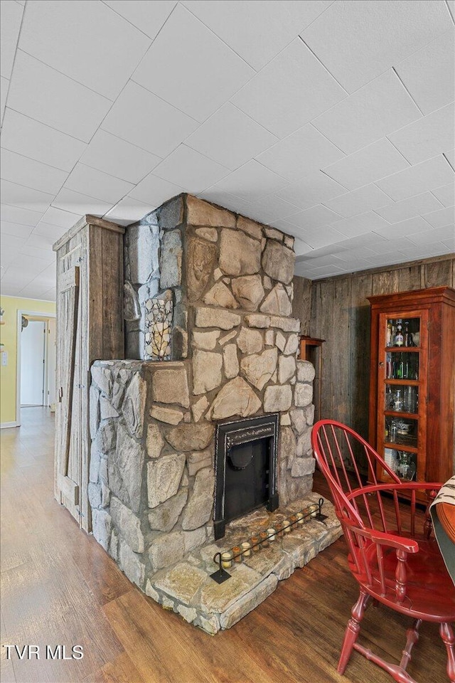 196 Furches Dr, Gray, TN 37615 - detailed view of wooden walls, wood finished floors, and a stone fireplace