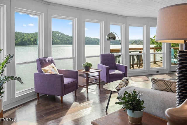 196 Furches Dr, Gray, TN 37615 - sunroom featuring wood finished floors, plenty of natural light, a water view, crown molding, and wood ceiling