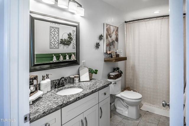 full bath with toilet, tile patterned flooring, vanity, and a shower with curtain