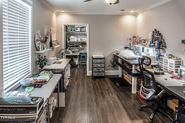 home office featuring crown molding, a ceiling fan, and dark wood-style floors