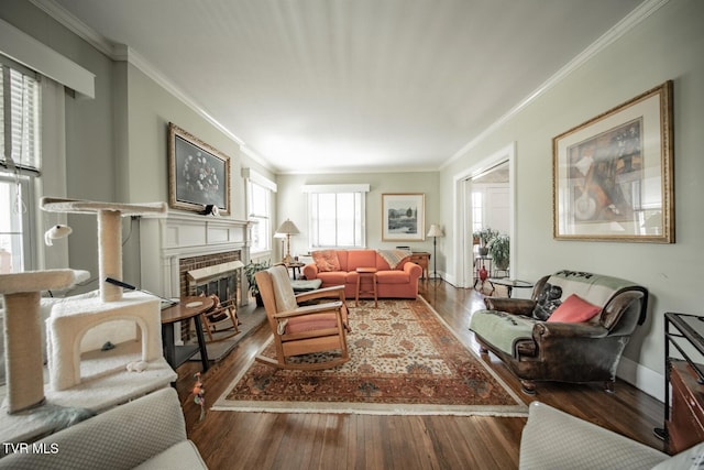 living room with crown molding, baseboards, wood finished floors, and a fireplace