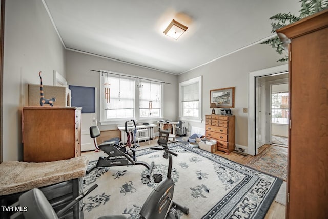 interior space with crown molding, baseboards, and wood finished floors