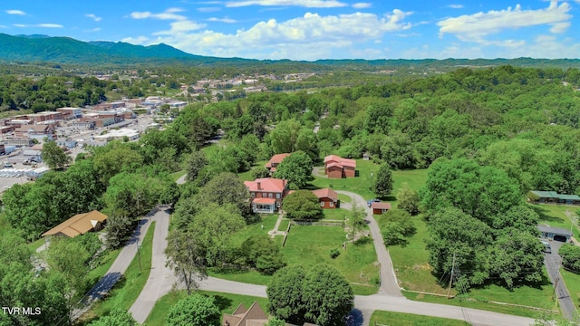 aerial view with a view of trees and a mountain view