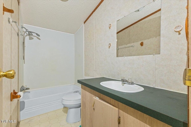 269 Rocky Branch Rd, Elizabethton, TN 37643 - full bathroom with a textured ceiling, toilet, vanity, ornamental molding, and tile patterned floors