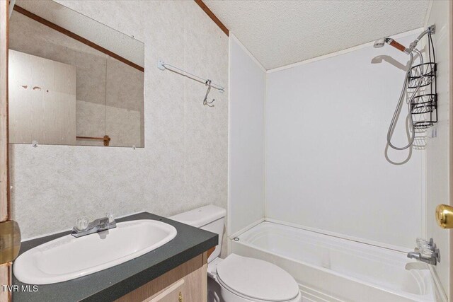 269 Rocky Branch Rd, Elizabethton, TN 37643 - bathroom with a textured ceiling, crown molding, tub / shower combination, toilet, and vanity