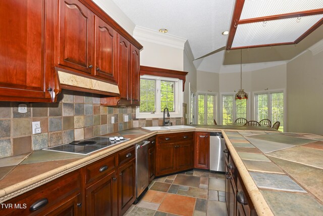 kitchen with black electric stovetop, a sink, stone finish flooring, a healthy amount of sunlight, and tasteful backsplash