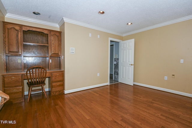 unfurnished office featuring a textured ceiling, baseboards, and dark wood-type flooring