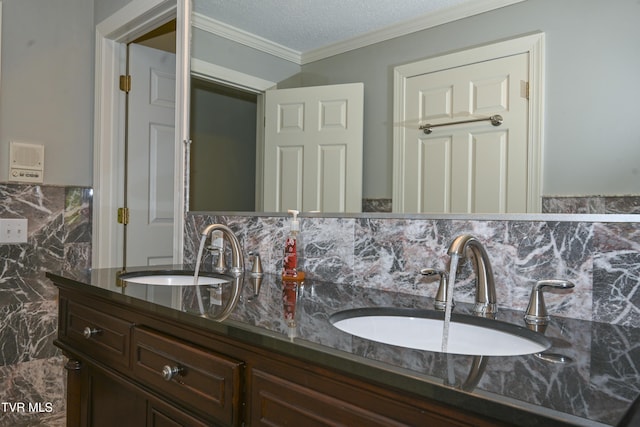 full bathroom featuring double vanity, a sink, decorative backsplash, and ornamental molding
