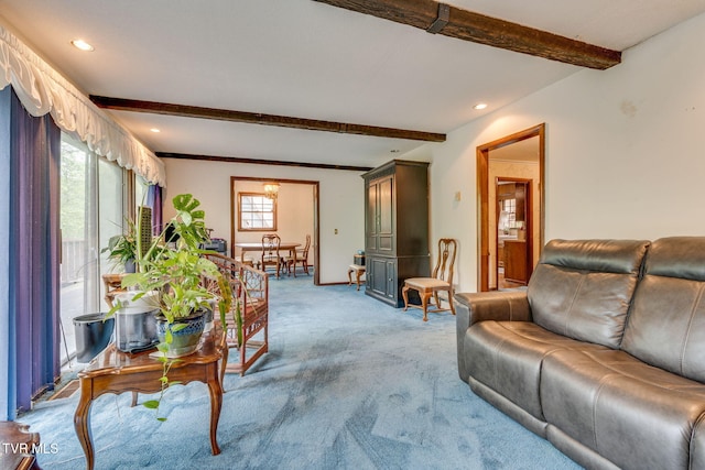 living room featuring light carpet, recessed lighting, and beam ceiling