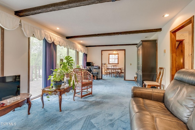 living area featuring carpet flooring, beamed ceiling, and recessed lighting