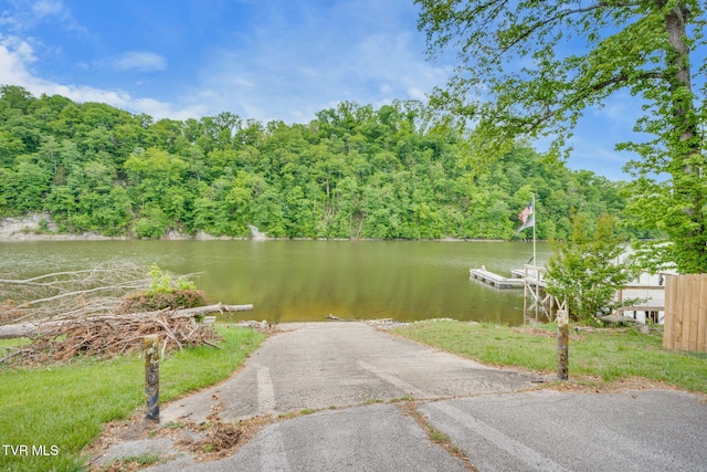 water view featuring a wooded view and a floating dock