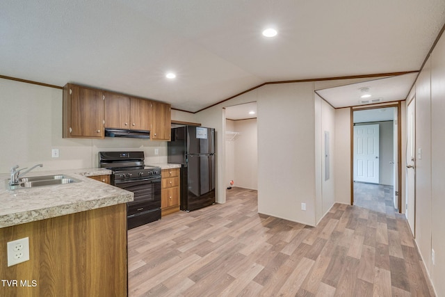 1249 Marcum Ave, Kingsport, TN 37665 - kitchen with lofted ceiling, light countertops, a sink, light wood-style flooring, and black appliances