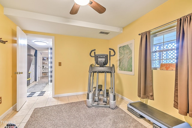 190 Roanwood Rd, Roan Mountain, TN 37687 - workout room with visible vents, baseboards, ceiling fan, and light tile patterned floors