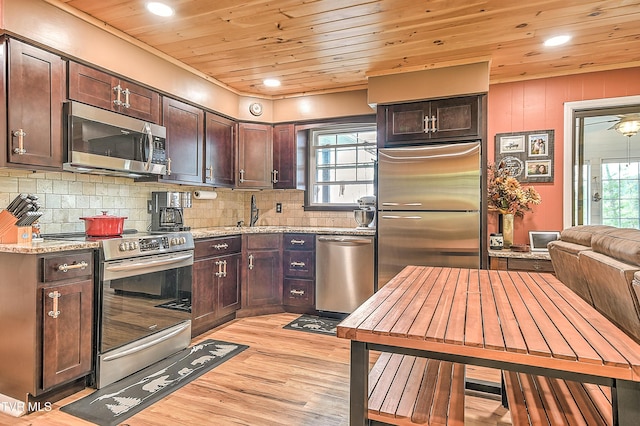 190 Roanwood Rd, Roan Mountain, TN 37687 - kitchen with dark brown cabinetry, appliances with stainless steel finishes, light wood finished floors, recessed lighting, and tasteful backsplash