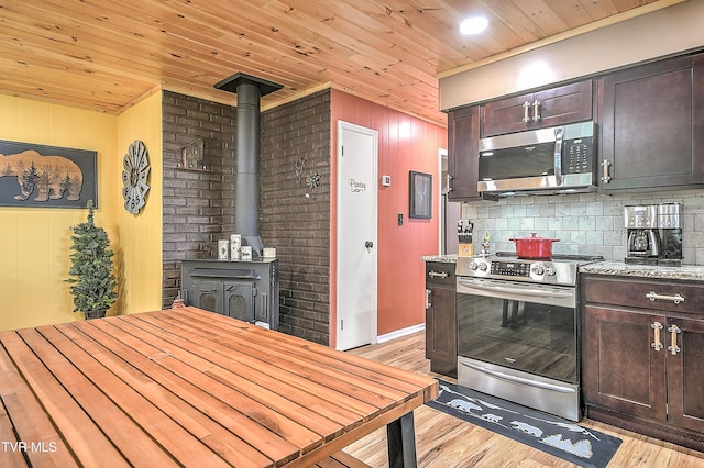 190 Roanwood Rd, Roan Mountain, TN 37687 - kitchen featuring appliances with stainless steel finishes, wooden ceiling, a wood stove, and light wood-type flooring