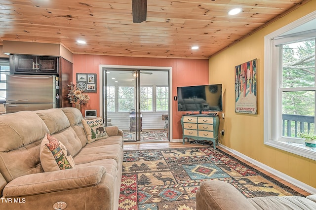 190 Roanwood Rd, Roan Mountain, TN 37687 - living area with a ceiling fan, recessed lighting, wooden ceiling, and wood finished floors