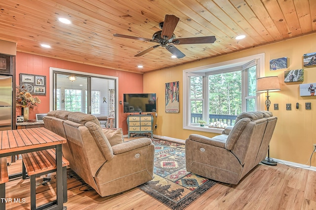 190 Roanwood Rd, Roan Mountain, TN 37687 - living room with baseboards, ceiling fan, recessed lighting, light wood-type flooring, and wood ceiling